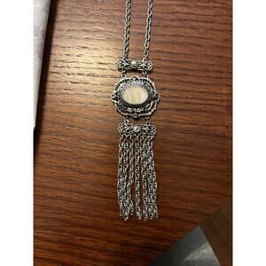 Vintage Whiting & Davis Mother of Pearl Pendant Tassel Necklace Silver
